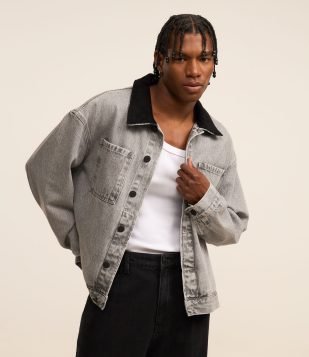 Jaqueta Trucker Boxy com Gola de Veludo Cinza