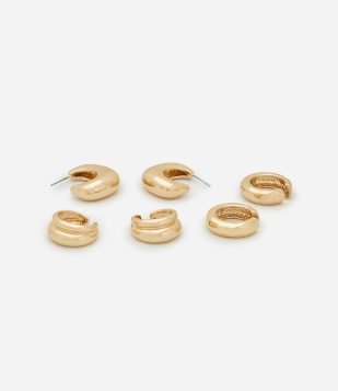 Kit 03 Brincos Argola e Piercings Dourado