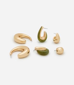 Kit 03 Brincos Argolas com Formatos Diversos Dourado-Verde