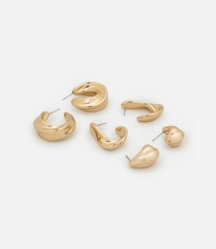 Kit 03 Brincos Argolas em Metal com Formatos Diversos Dourado