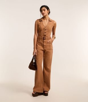 Macacão Longo em Sarja com Cinto Fivela Bege