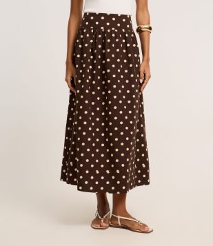 Saia Evasê Midi em Cotton com Lastex no Cós e Estampa Poá Marrom