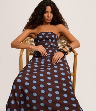Saia Long Midi em Viscose com Estampa Poá Marrom