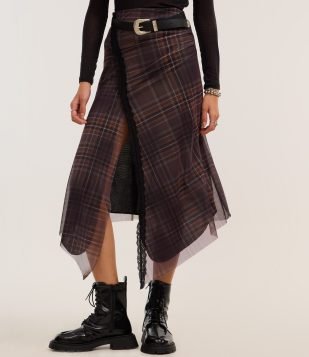 Saia New Midi em Tule Xadrez com Pontas Marrom