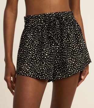 Saída de Praia Short em Chiffon Estampado Poá com Tassel Preto