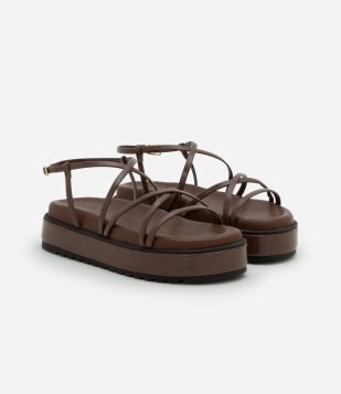 Sandália Flatform Plataforma com Tiras Finas Marrom