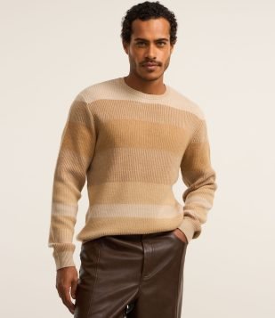 Suéter em Tricô com Gola Redonda e Estampa Blocada Bege