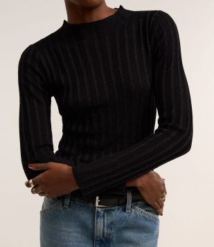 Suéter em Tricô com Listras Texturizadas e Fio Metalizado Preto