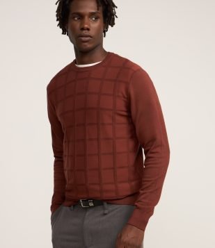 Suéter em Tricô com Textura Quadriculada Bordô