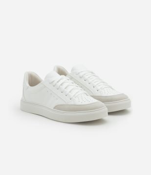 Tênis Casual em Material Sintético com Recortes de Camurça Branco