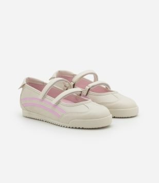 Tênis Sapatilha em PU com Detalhe Lateral e Tiras em Velcro Off White-Rosa