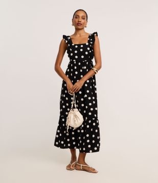 Vestido Evasê Longo em Airflow com Estampa Poá Preto