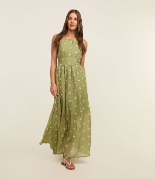 Vestido Frente Única Evasê Longo em Liocel com Bordado Floral Verde