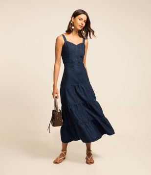 Vestido Long Midi em Jeans com Decote Coração e Babados Azul Escuro