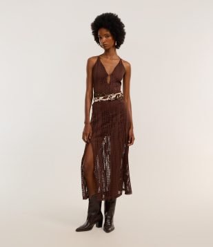 Vestido Longo Frente Única e Texturizado Marrom