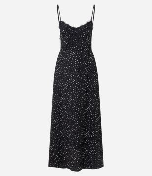 Vestido Longo com Estampa Poá e Renda no Decote Preto