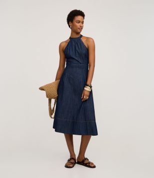 Vestido Midi em Jeans com Frente única e Costas Abertas Azul Escuro