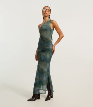 Vestido Midi em Tule com Ombro Só e Estampa Abstrata Verde