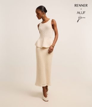 Saia Reta Longa em Tricô com Textura e Forro Removível Bege