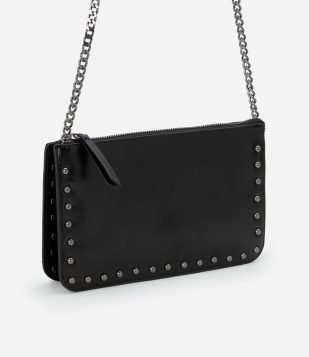 Bolsa Transversal Pequena com Bolsos e Alça de Corrente Preto