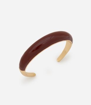 Bracelete Rígido em Metal Bold com Detalhe Esmaltado Dourado/ Vinho