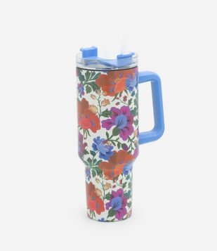 Copo Térmico com Estampa Floral e Canudo 1,2L Multicores
