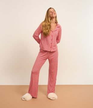 Pijama Americano Longo em Viscose Estampada Xadrez Vichy Vermelho