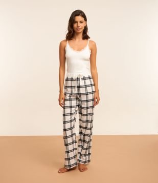 Calça de Pijama em Flanela Xadrez Branco/Preto/Rosa Claro