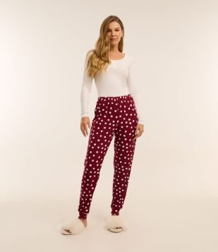 Pijama Longo em Ribana com Calça Poá Branco/Vermelho