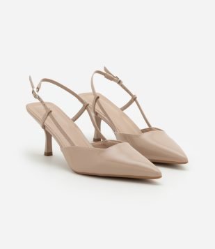 Sapato Scarpin Slingback Envernizado e Sola Quadrada Bege
