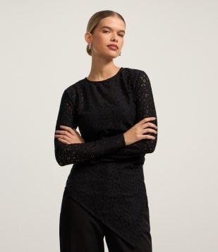 Blusa em Renda com Sobreposição e Manga Longa Preto