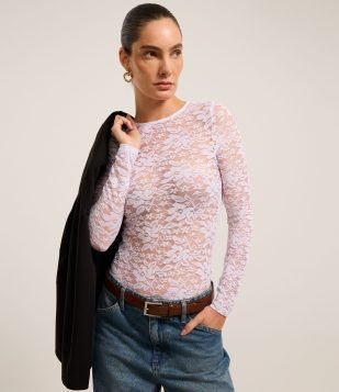 Blusa em Renda com Textura em Formato de Flores Branco
