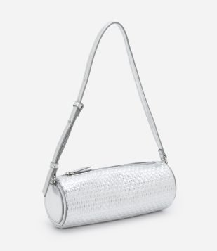 Bolsa Baguete Pequena Cilíndrica e com Efeito Metalizada Prata
