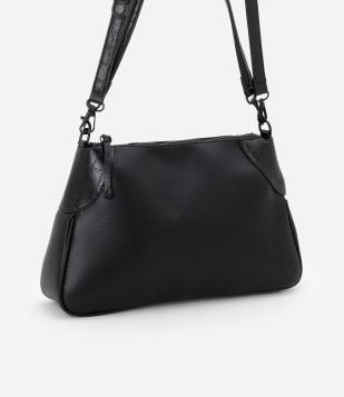 Bolsa Shoulder Média com Detalhes Croco Preto