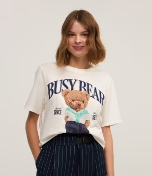 Camiseta Alongada em Algodão com Estampa Busy Bear Branco