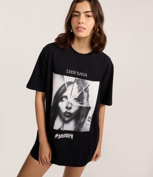 Camiseta em Algodão com Estampa e Lettering Lady Gaga Preto
