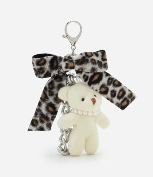 Chaveiro Ursinho de Pelúcia com Lacinho em Animal Print e Corrente Off White