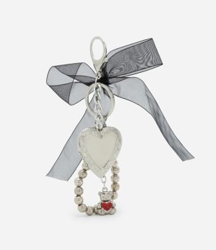 Chaveiro de Metal com Laço Pingente de Coração e Ursinho Prata