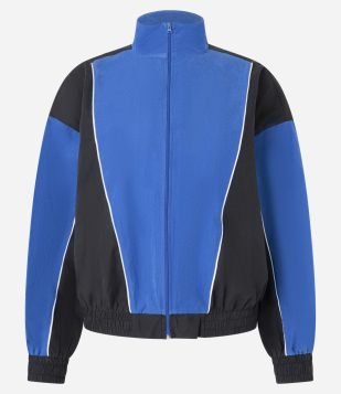 Jaqueta Corta Vento em Cupro com Recortes Contrastantes Preto-Azul