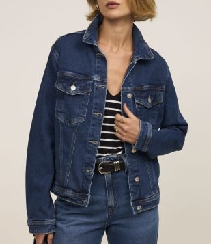 Jaqueta Trucker em Jeans com Bolsos Azul Escuro