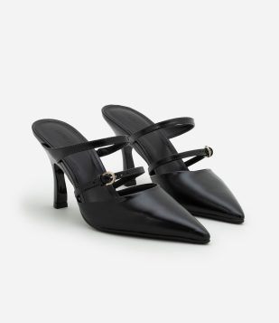 Scarpin Mule com Tira Dupla Fina e Fivela Preto