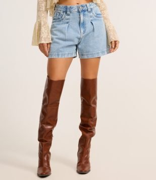 Short Baggy Jeans com Cós Interno Vichy Azul Claro