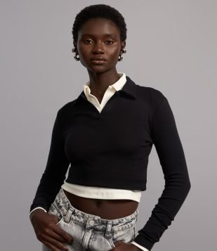 Blusa Polo em Ribana de Algodão com Mangas Longas Preto