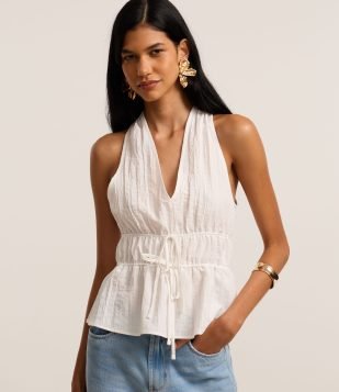 Blusa Texturizada com Elástico Duplo na Cintura Branco