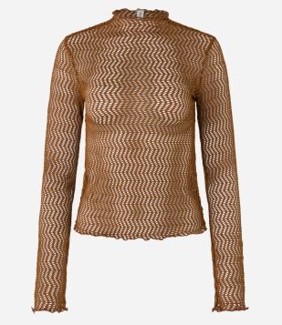 Blusa em Renda Furadinha com Gola Alta Frufru Marrom