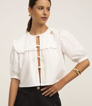 Blusa em Tricoline com Gola Boneca Branco 2