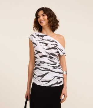 Blusa sem Manga em Crepe com Franzido e Estampa Animal Print Zebra Branco