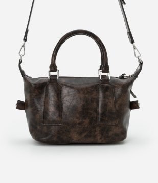 Bolsa Mini Satchel Estonada com Alça Curta e Longa Marrom