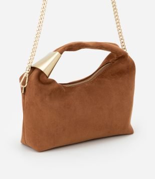 Bolsa Transversal Pequena com Alça Longa de Corrente e Detalhe de Metal Marrom