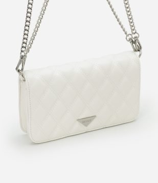 Bolsa Transversal Pequena com Textura Matelassê e Alça Corrente Off White